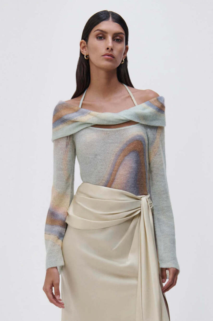 Jonathan Simkhai Cambria Off the Shoulder Marble Mohair Sweater Womens L Soft
